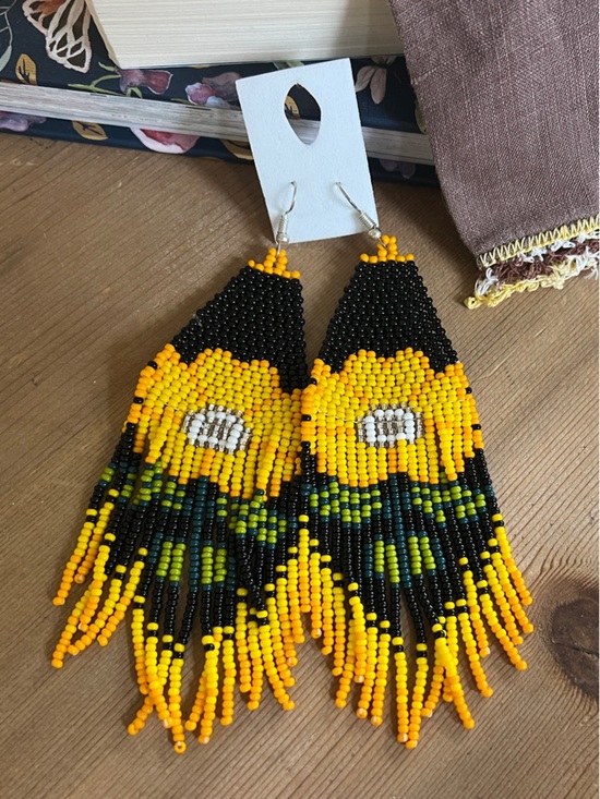 Handmade Jewelry - Handmade Beaded Sunflower Fringe Earrings - Yellow & Black